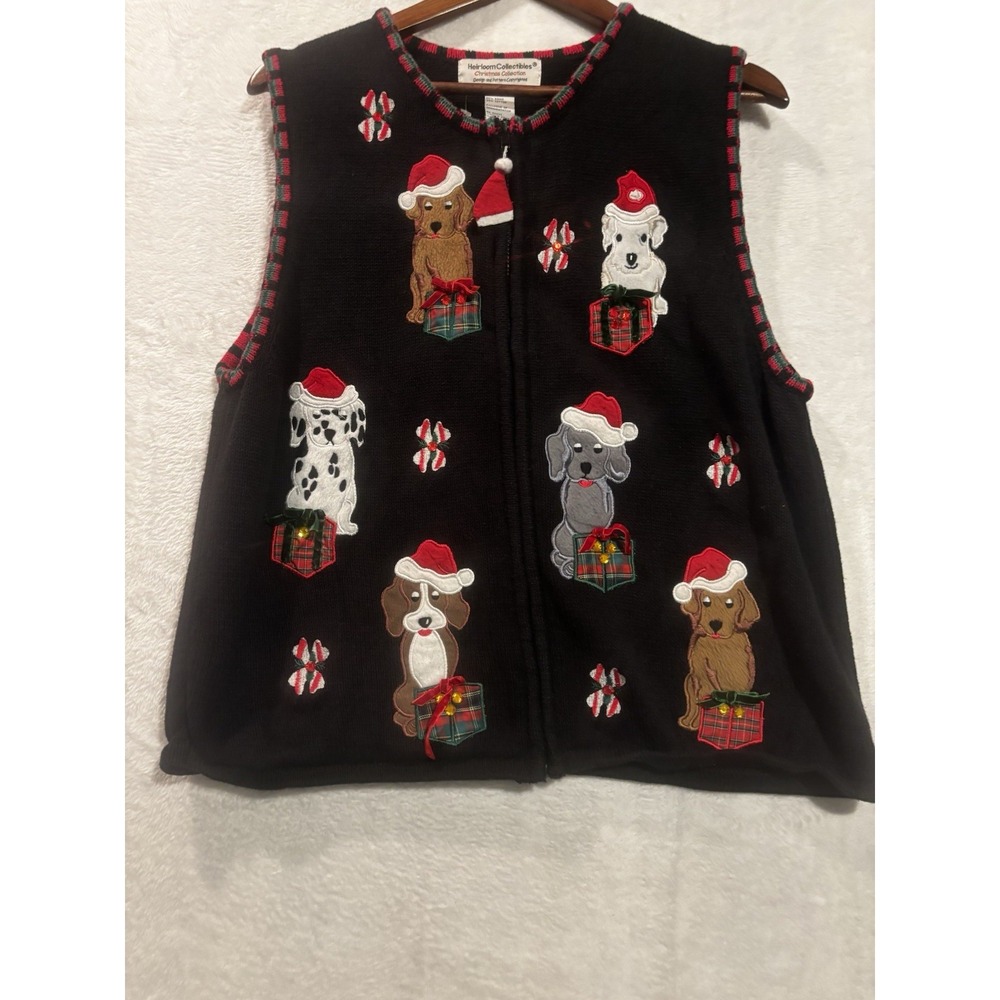Vintage‎ Heirloom Collectibles XL Christmas Sweater Vest Dogs Santa Hats Black